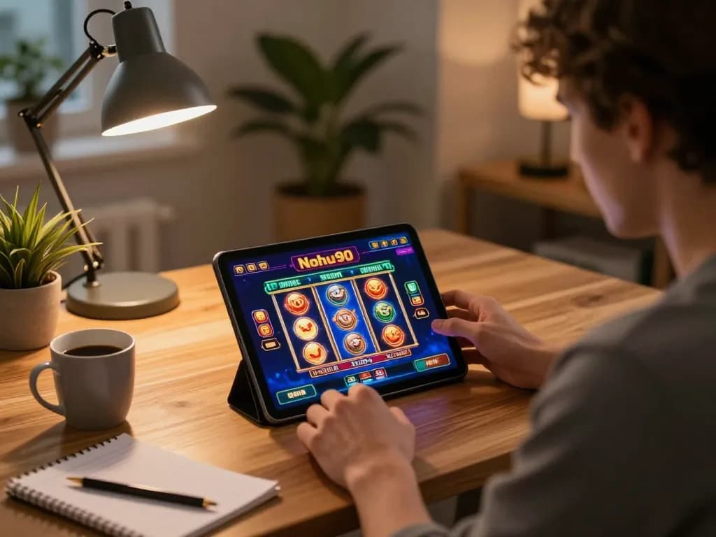 Nohu90 player engaging in online slot games at home with tablet and strategy notes.