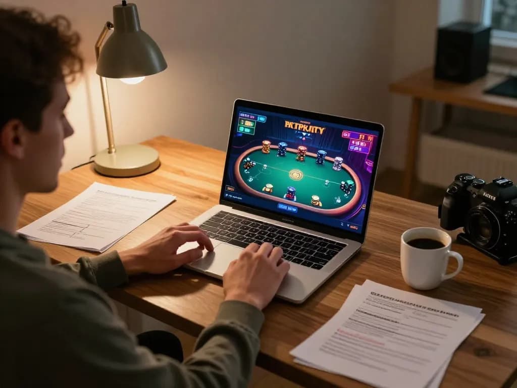 Experience MM88 TODAY by playing poker online from home with strategic notes and a laptop.
