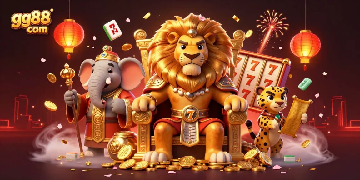 Join the gaming adventure with gg88 com's vibrant 3D illustration showcasing a fierce lion king and friends!