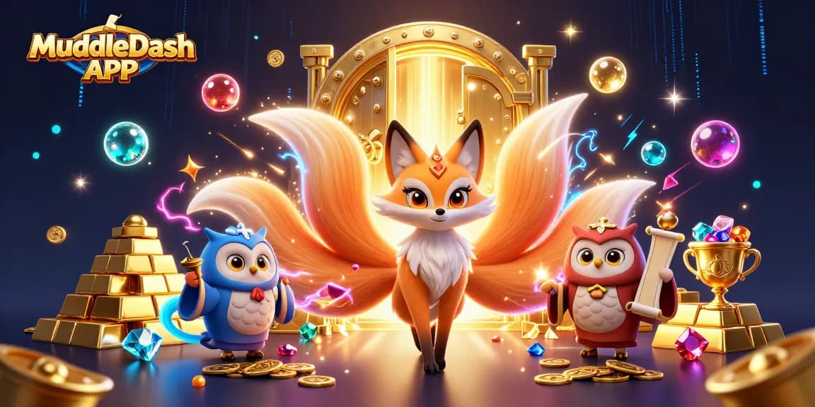 Experience the vibrant MuddleDash APK world with glowing spirits, gems, and dynamic gaming energy.