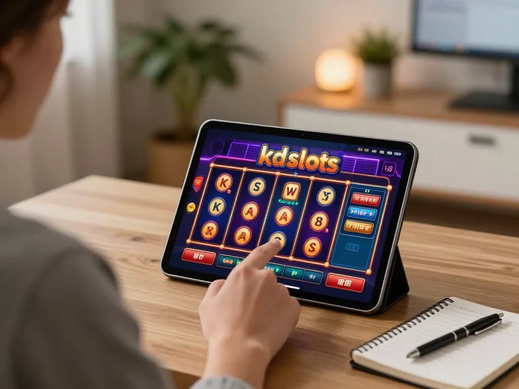 KDslots online gaming session with vibrant tablet interface showcasing exciting slot gameplay.