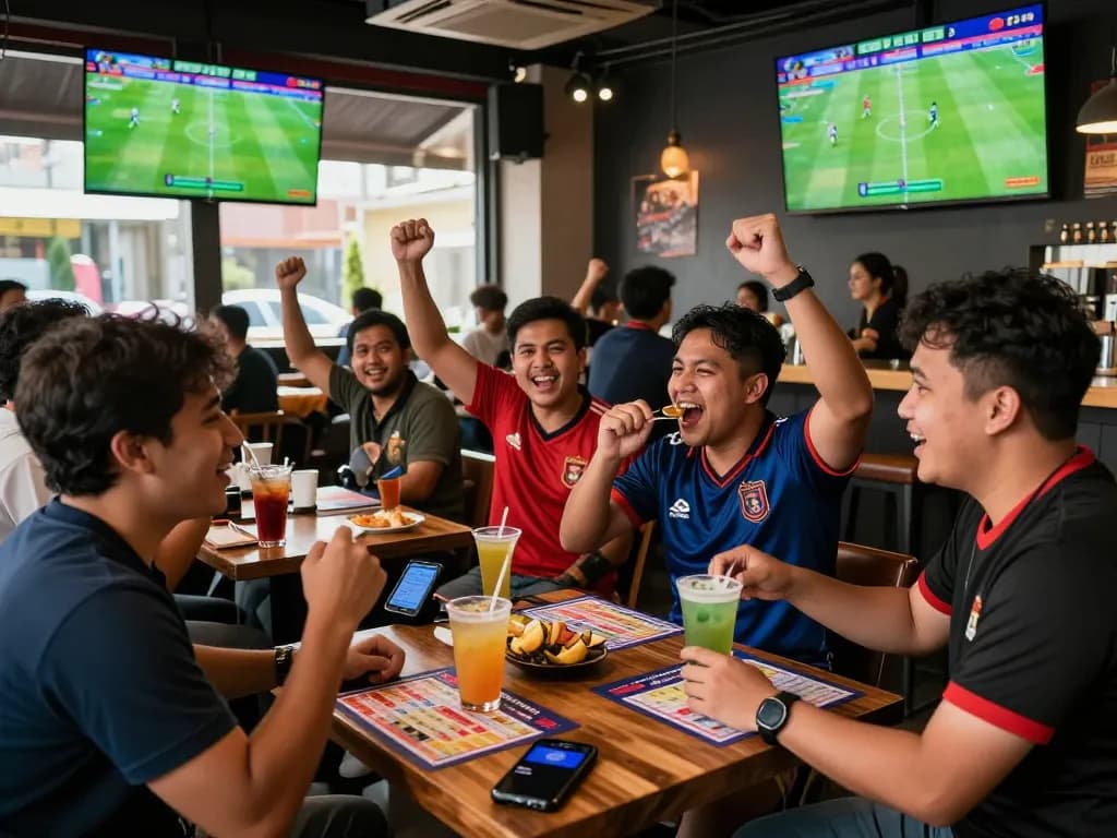 Fans celebrating during a Judi Bola match at a sports bar, capturing the excitement and energy of betting.