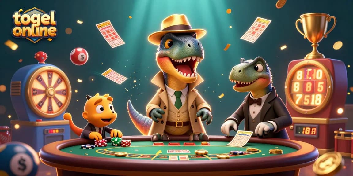Engage in togel online excitement with cartoon dinosaurs playing lottery games, featuring lotto balls and vibrant characters.