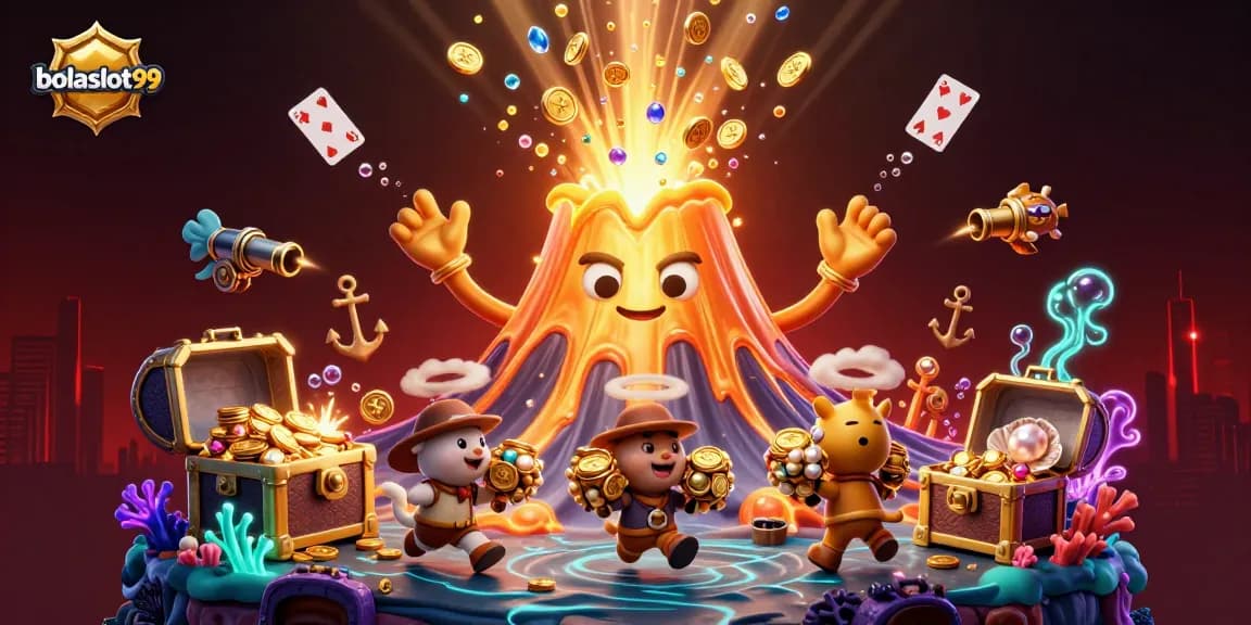 Experience thrilling wins at bolaslot99 with vibrant treasures, a gold volcano, and lively casino elements.