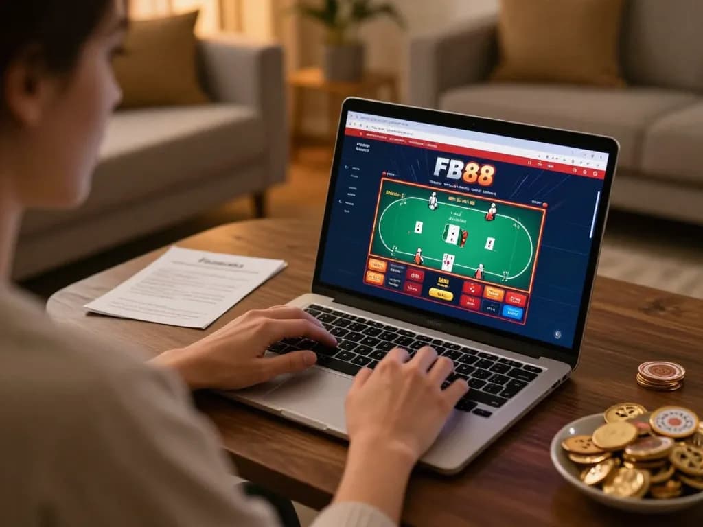 Engaged player using FB88 for online casino gaming at home, showcasing responsible entertainment and strategic gameplay.