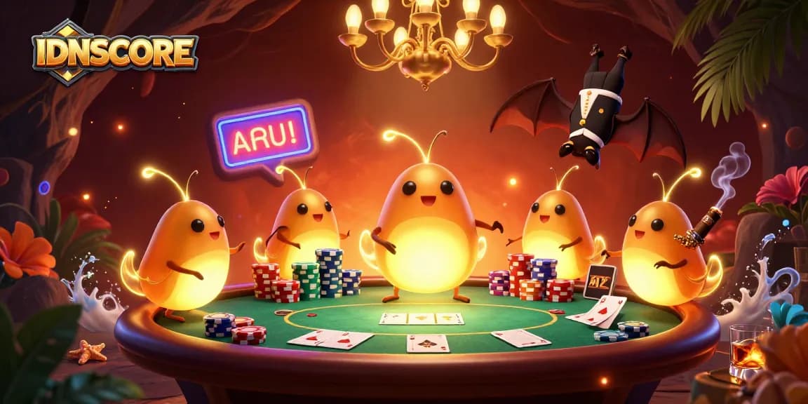 Experience IDNSCORE's vibrant casino atmosphere with glowworms lighting poker tables and a bat dealer.