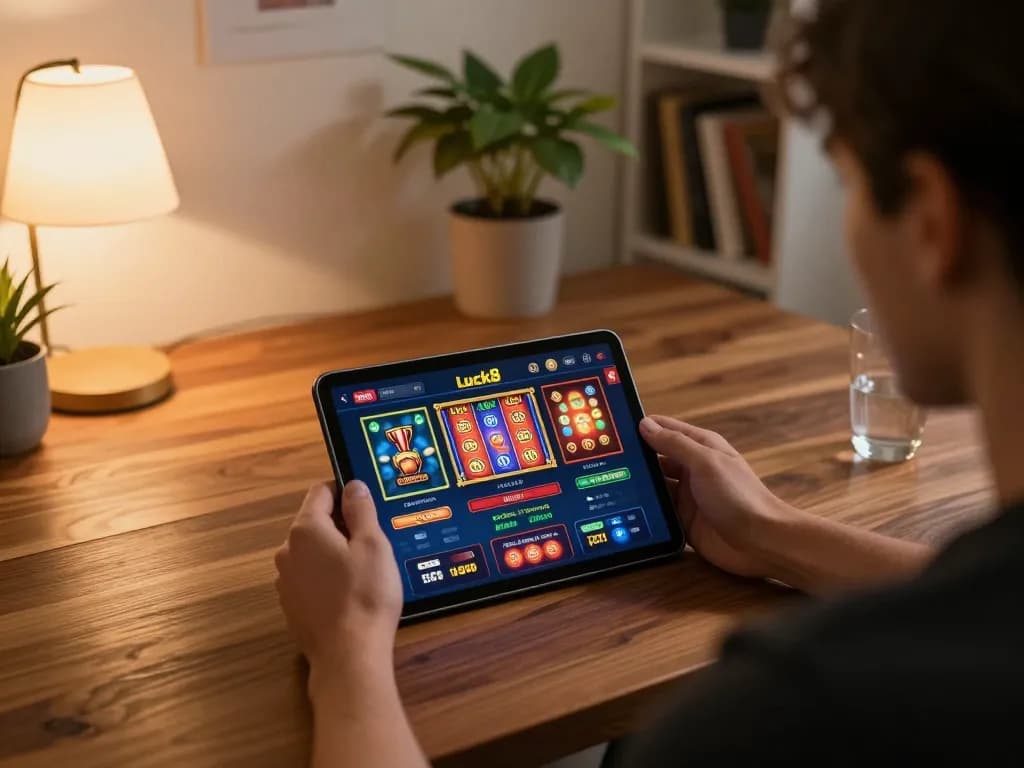 Luck8 player engaged in dynamic online casino gameplay, showcasing excitement and strategy.
