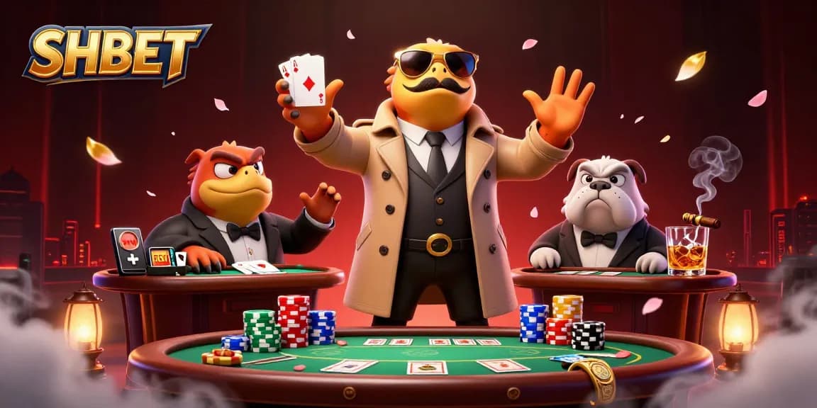 Experience exciting gaming at SHBET with three cartoon raptors in a trench coat entering a VIP casino lounge.