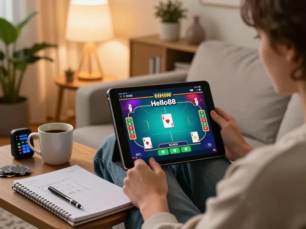 Hello88 player enjoying an online poker game on a tablet in a cozy home setting.