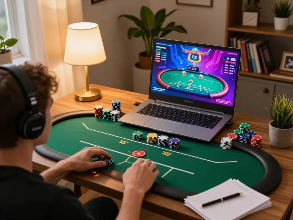 Player engaging in online poker gaming using tg88 strategies at home, showcasing laptop screen and cozy setup