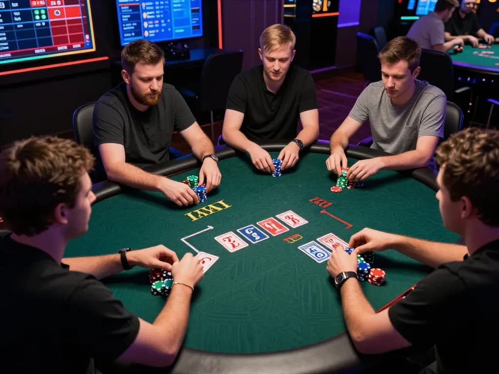 Players engage in strategic poker gameplay at 789club's lively online casino environment, showcasing community cards and colorful chips.
