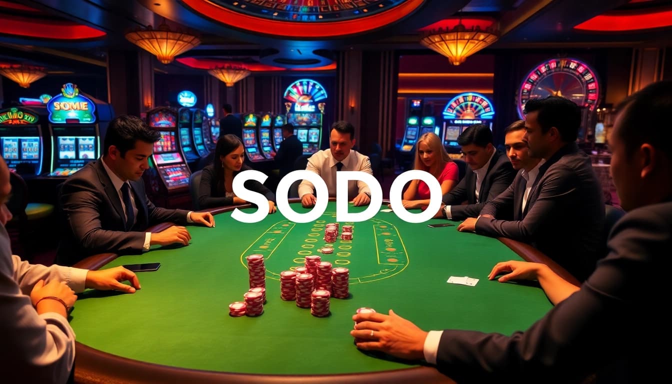 SODO casino scene showcasing intense blackjack gameplay with colorful chips and elegant decor.