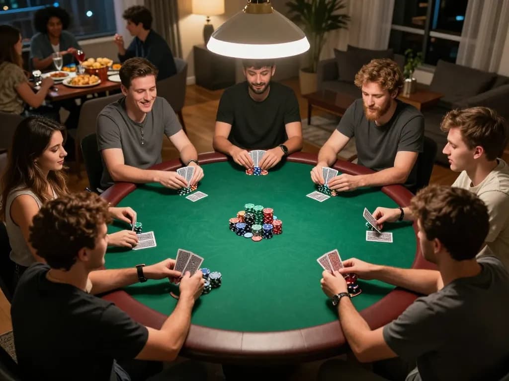 Open888 players enjoying a thrilling home poker game with chips and cards, showcasing strategic gameplay.