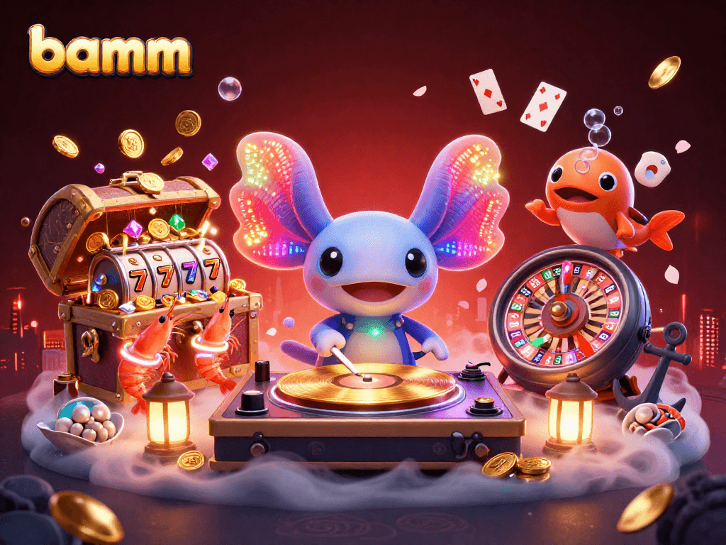 Experience the excitement at bamm’s vibrant casino with a neon axolotl DJ and dynamic gaming elements.