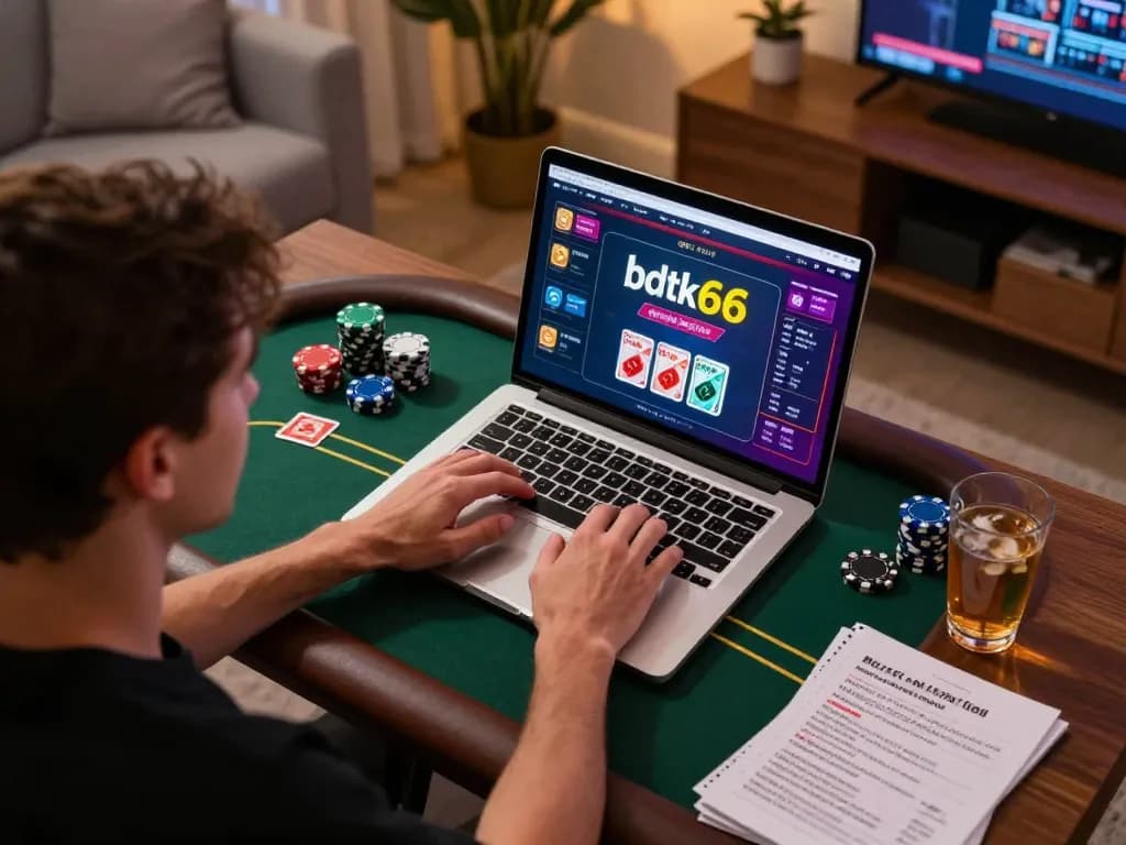 Engaging in bdtk66 online poker gameplay on a stylish home setup with vibrant screen and chips.