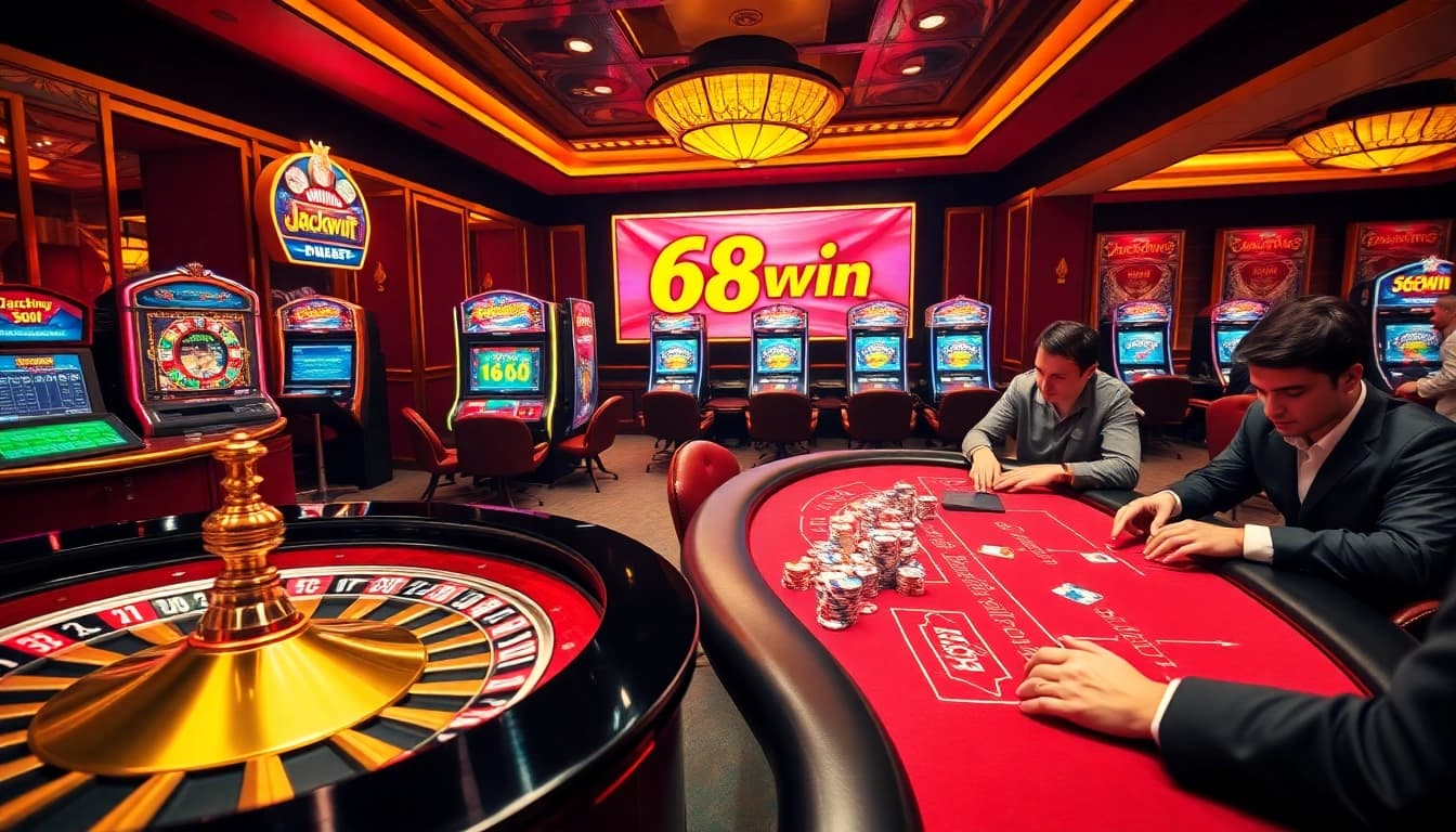 Experience the excitement of 68win with players engaging at poker tables and slot machines in a vibrant casino.
