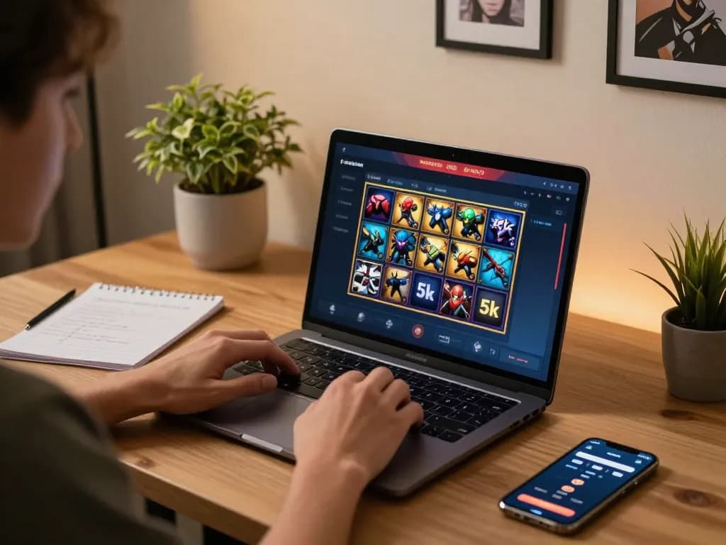 Player enjoying slot 5k titles on a laptop in a cozy home office setting, showcasing online gaming convenience.