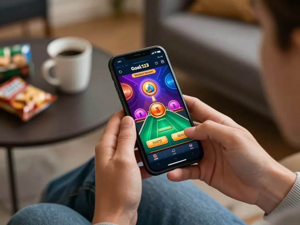 Engaging user enjoying the app goal123 while betting in a cozy, modern setting