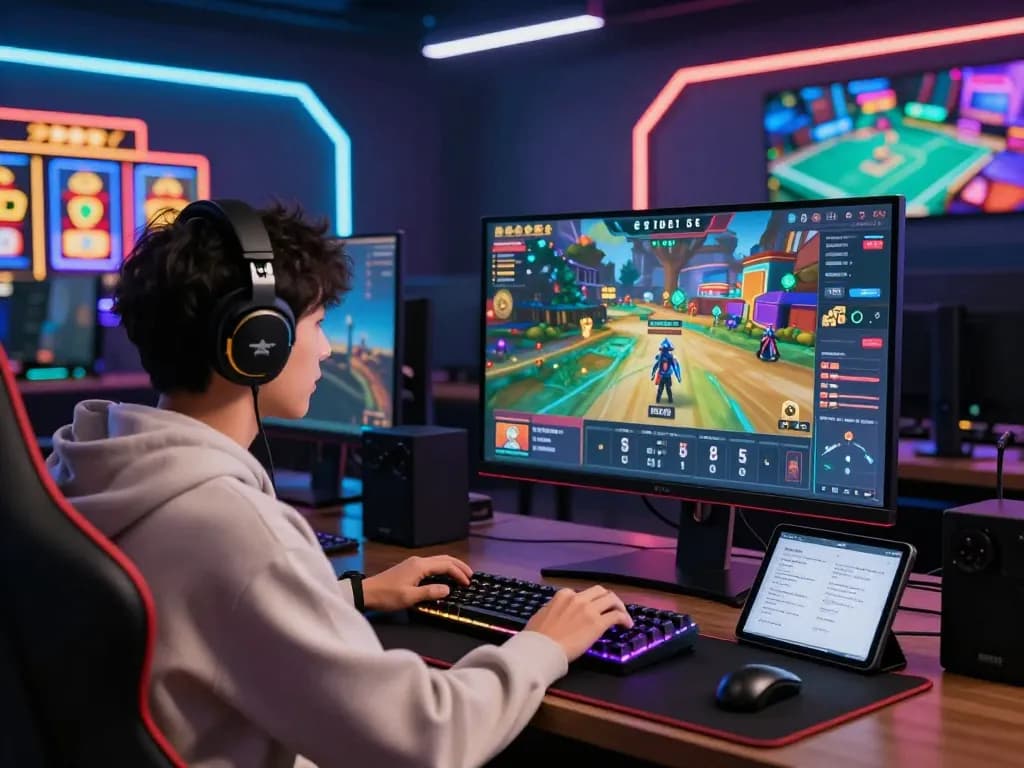 Exciting gaming atmosphere showcasing qnk88.com with a gamer engaged in vibrant online gameplay using modern technology.