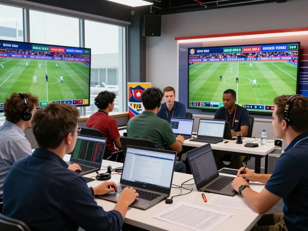 Analysts discussing tỷ lệ kèo bóng đá with screens showing live odds in a vibrant sports studio.