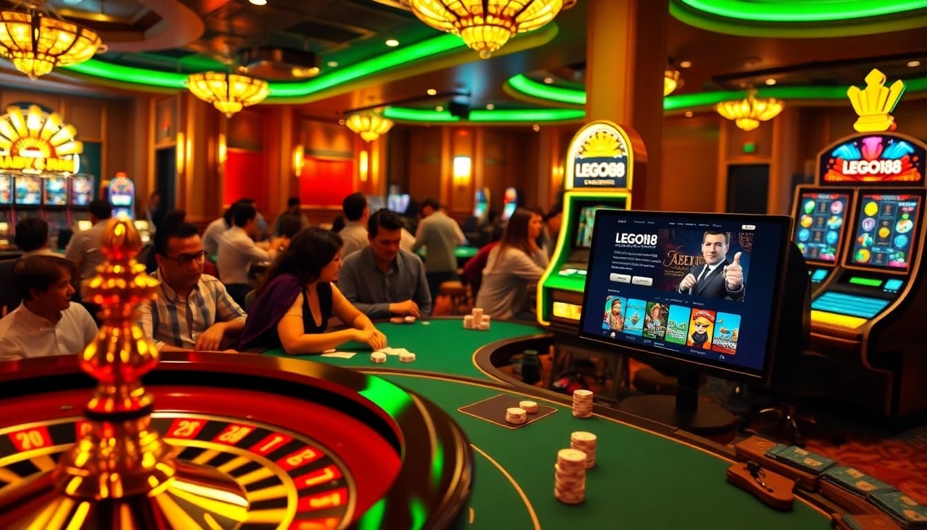 Excited players participating in LEGO138 daftar at a luxury casino featuring poker and slot machines.