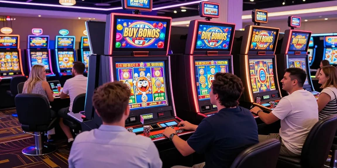 Engaged players enjoying bonus buy slots at a vibrant casino, cocomaya lists them among popular gaming experiences.
