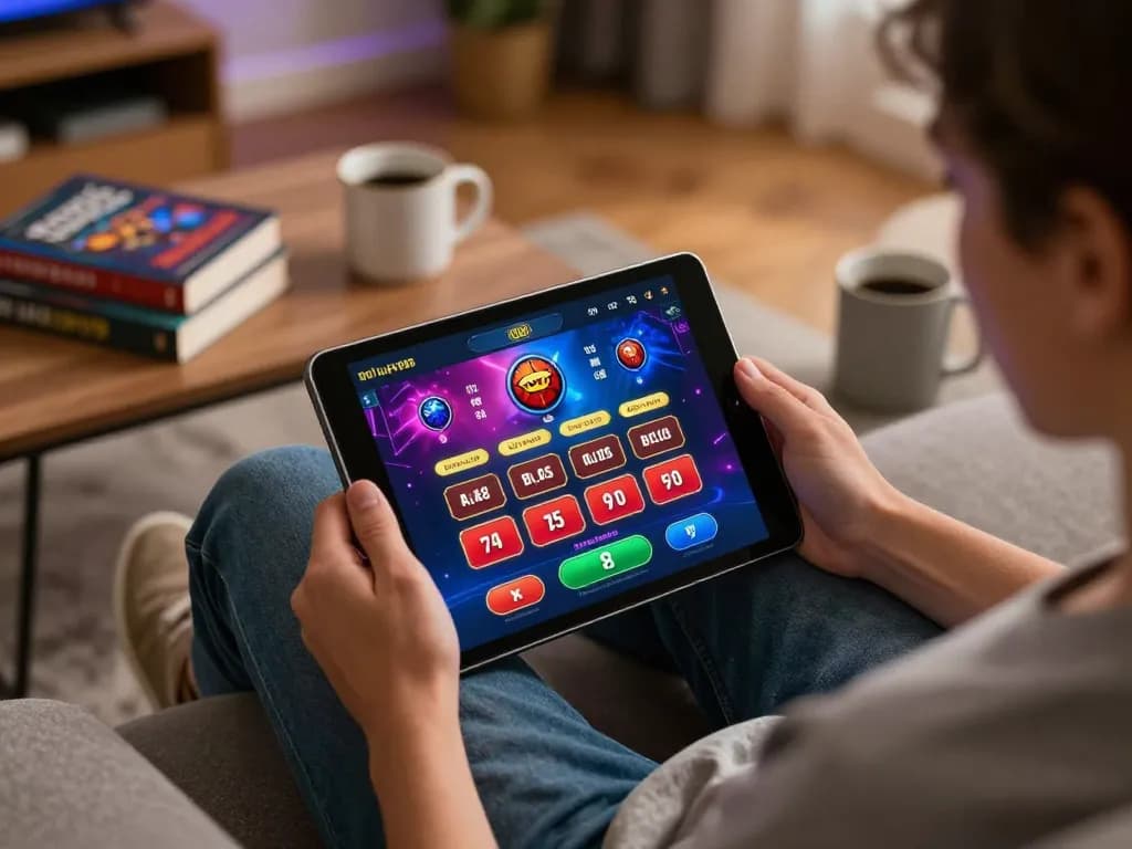 Player engaging with lucky88 platform on tablet in cozy home environment.