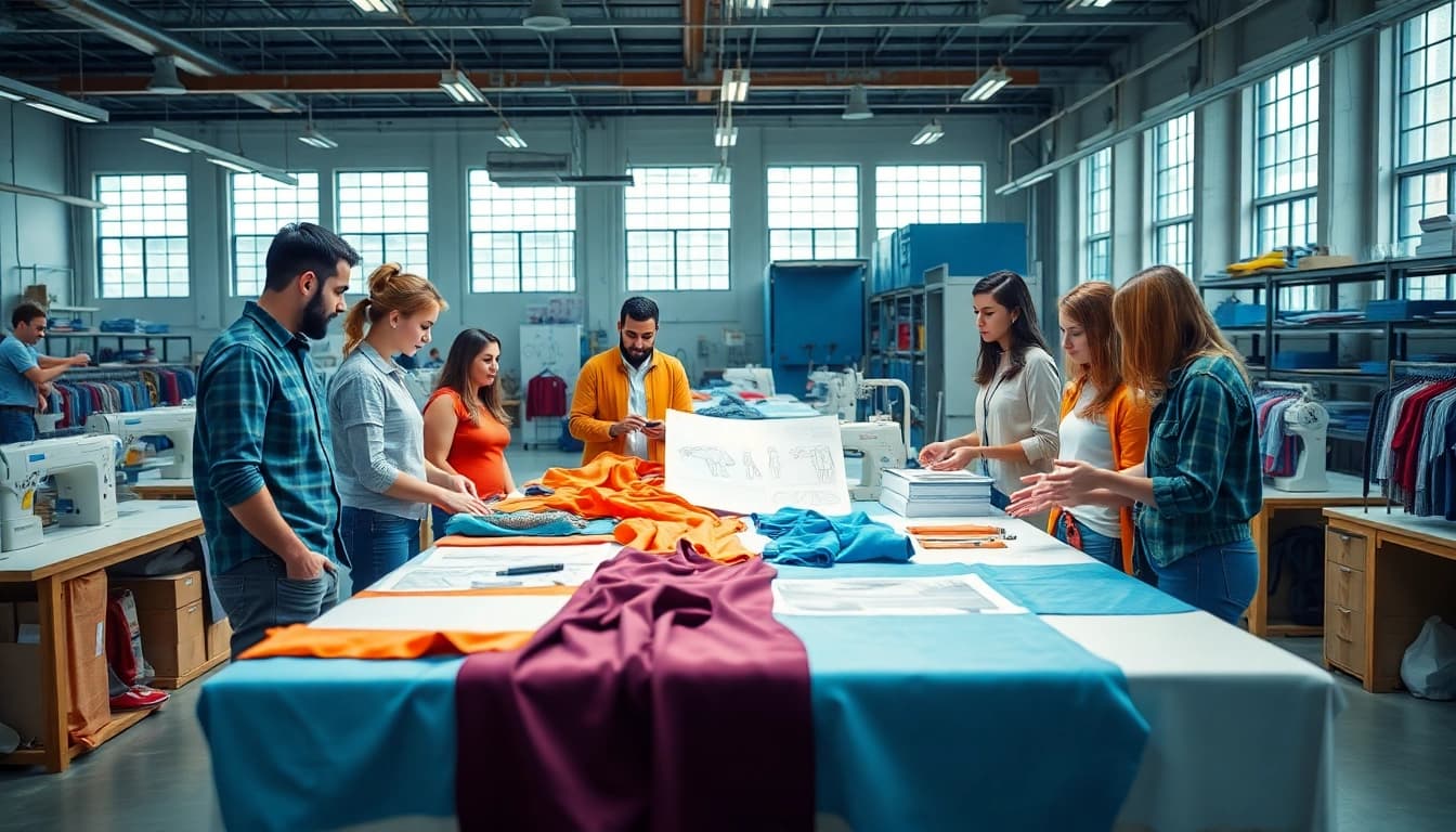Clothing Manufacturer For Startups collaborating on design ideas in a vibrant workspace.