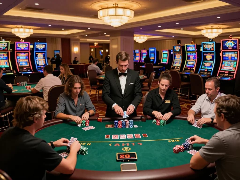 IWIN68 players engaging in a high-stakes poker game with vibrant chips and warm casino lighting.