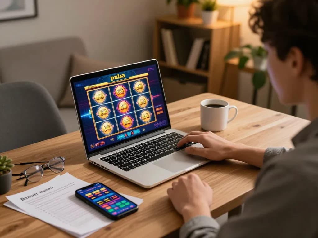 Engaging with a slot pulsa interface on a laptop for online gambling.