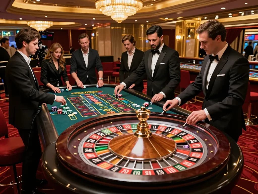 Bangsawan88 players engaged at an exciting roulette table in a luxurious casino setting.