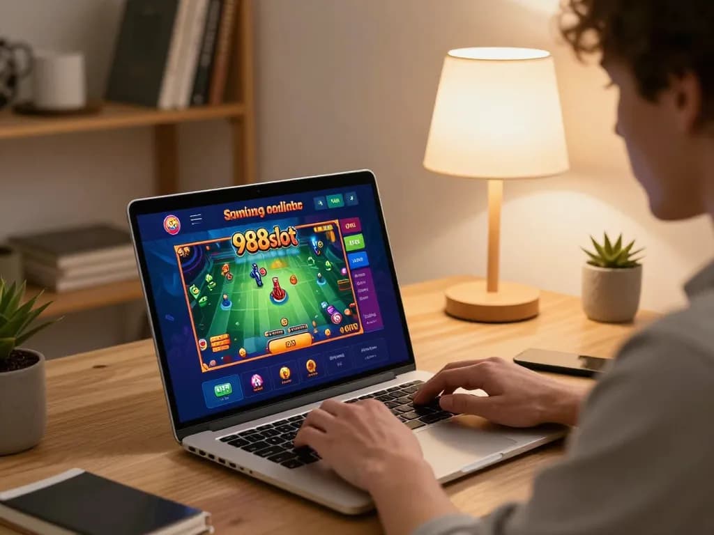 Engaging in online gameplay at home with 988slot gaming platform on laptop
