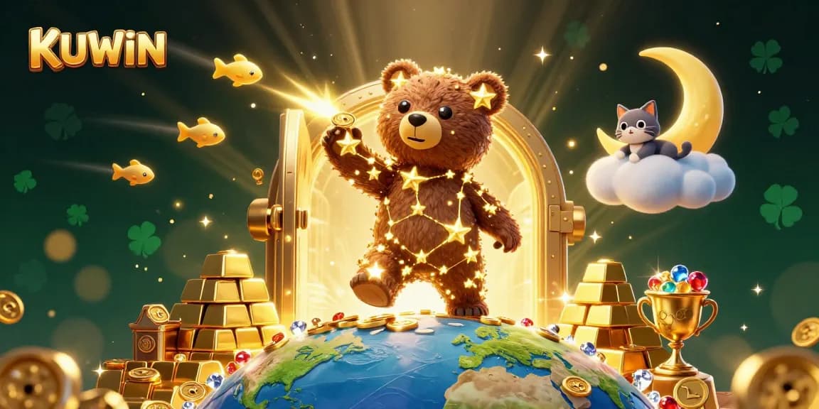 Win big with KUWIN as the constellation bear collects coins amidst a lively casino scene.