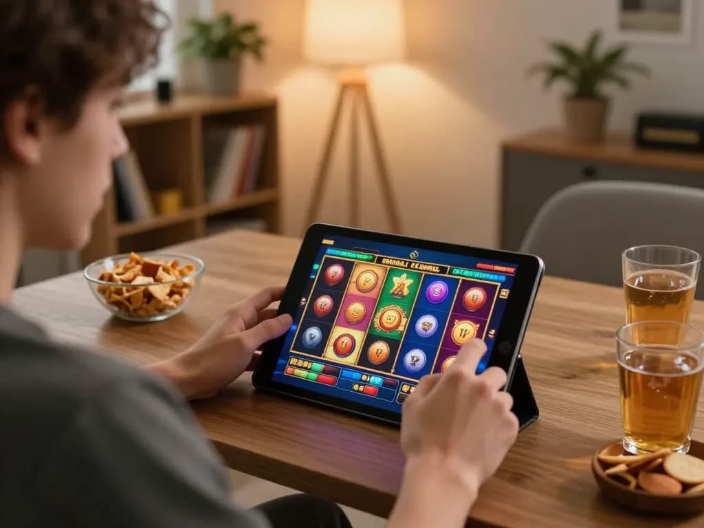 Engaging player using designitezy platform for social slot games at home with warm atmosphere.