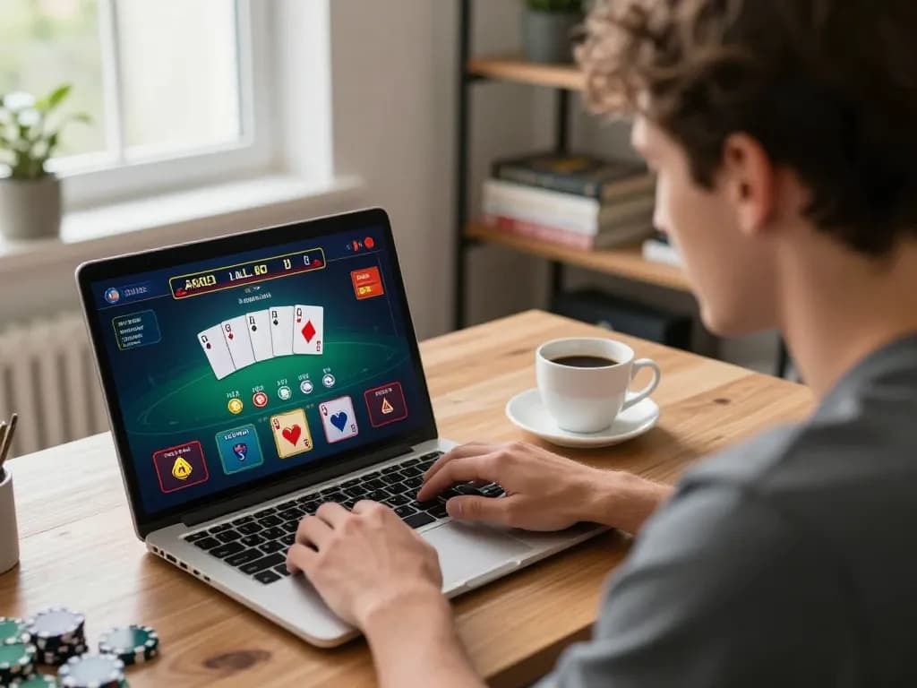 Player enjoys Canada online casinos by focusing on blackjack gameplay at home with strategic notes.