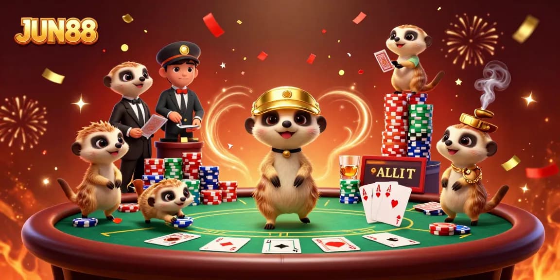 JUN88 showcases meerkats managing a vibrant casino, gambling with colorful chips and cards.