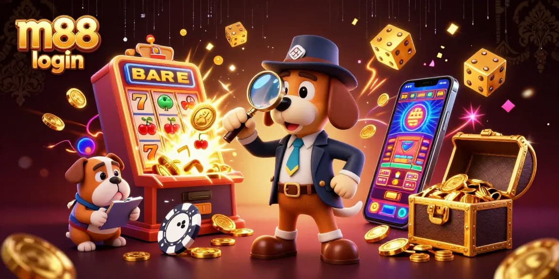 Exciting m88 login scene showcasing a cartoon detective and bulldog among casino elements and treasures.