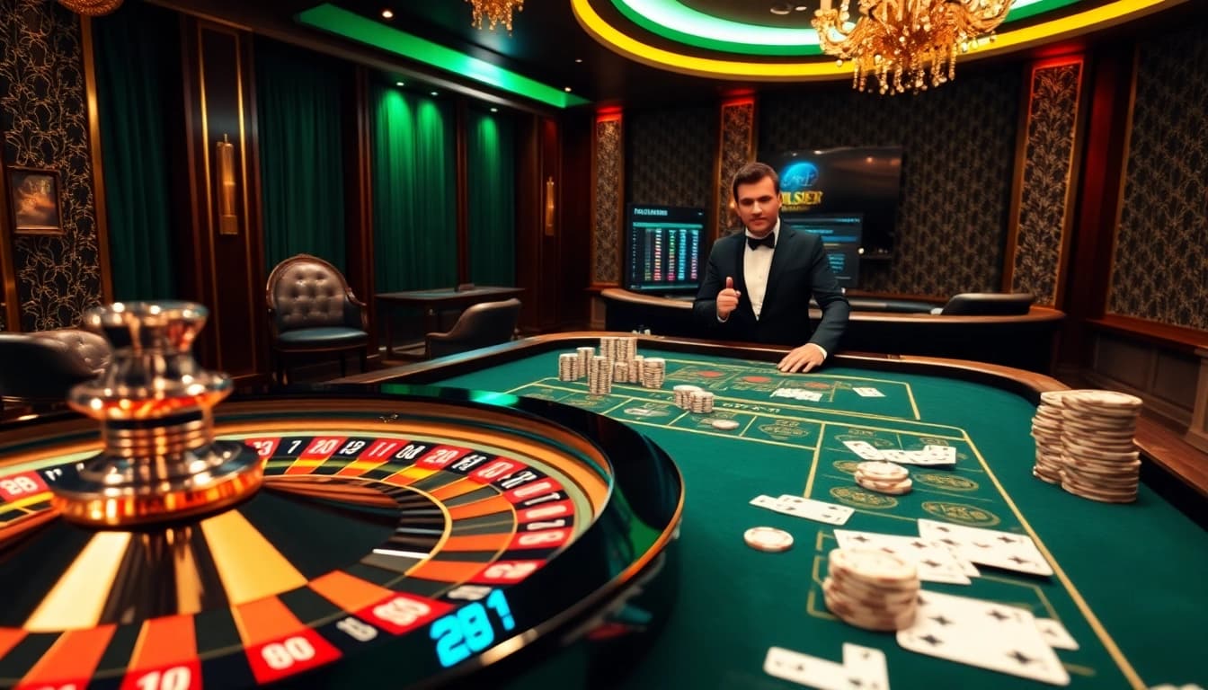 Engage in thrilling gameplay at 28bet's luxurious online casino with roulette, cards, and chips.