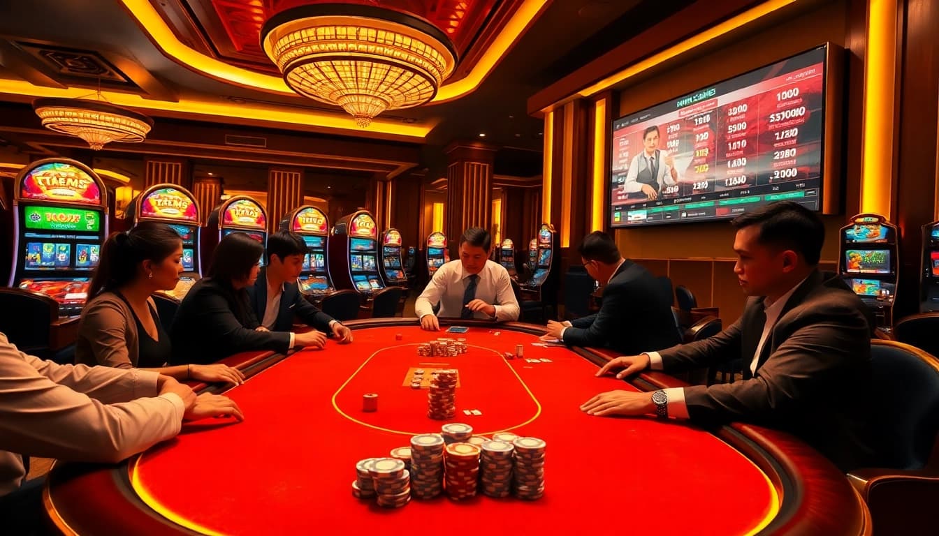 Cổng Game GO88 players enjoying live gambling action at a luxurious casino table, surrounded by vibrant atmosphere and electronic interfaces.