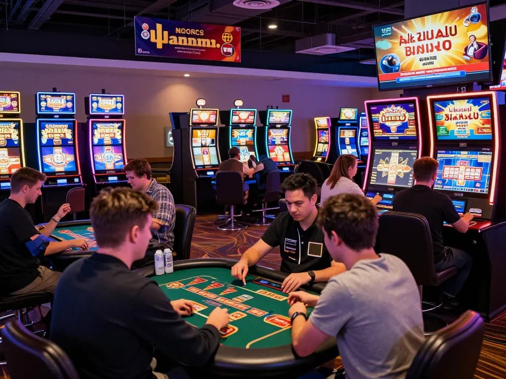 Exciting gambling scene showing af88 đối tác players engaging in various games at a vibrant online casino.