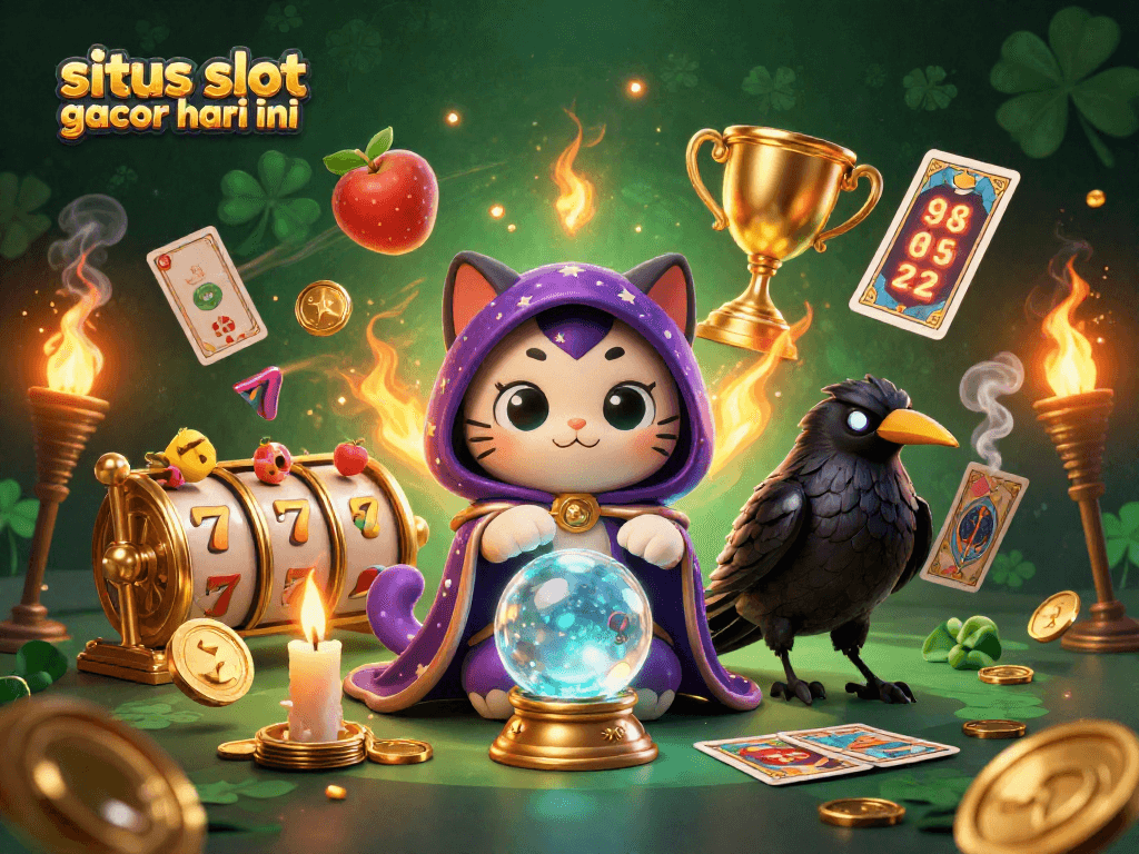 Engage with situs slot gacor hari ini through this vibrant 3D casino illustration featuring a fortune teller, raven, and dynamic gaming elements.