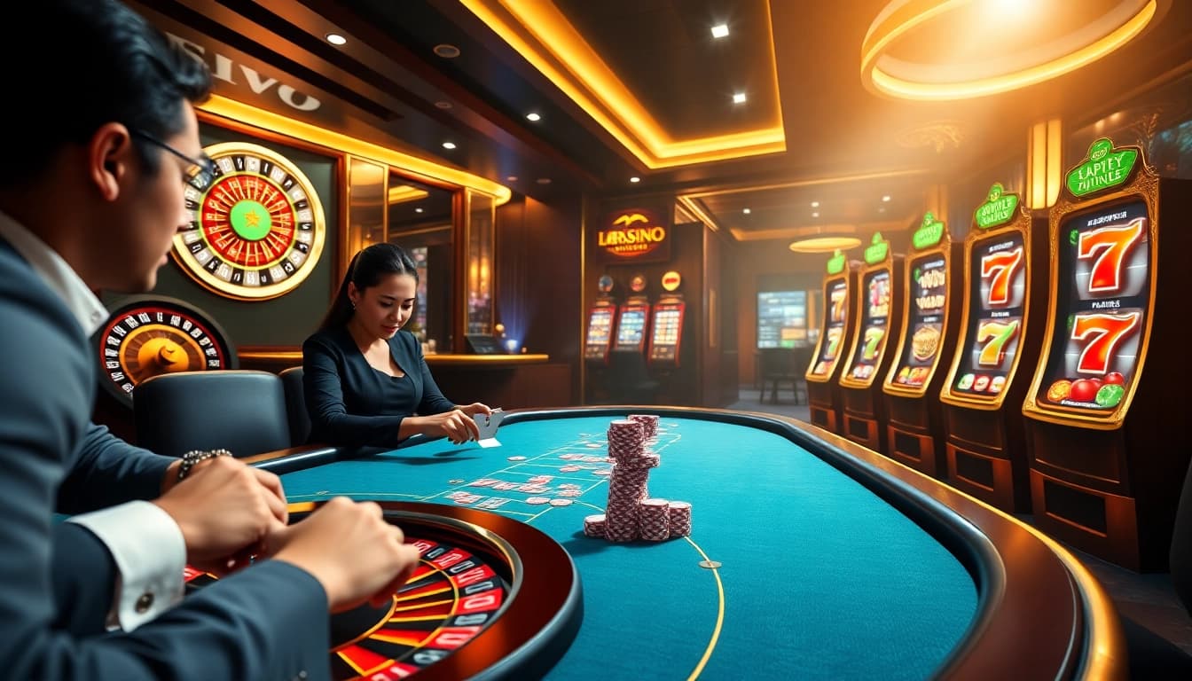 Players placing strategic bets at a Nhà cái casino Online poker table with vibrant chips and dynamic roulette wheel spinning