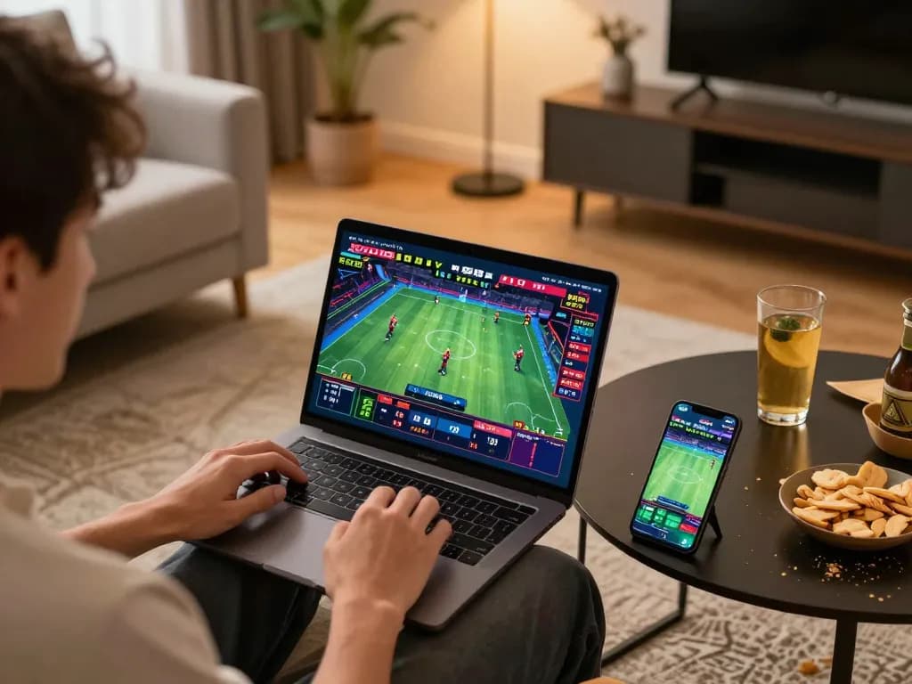Engaging in online sports betting with XX88 TODAY on a stylish laptop, showcasing live odds.