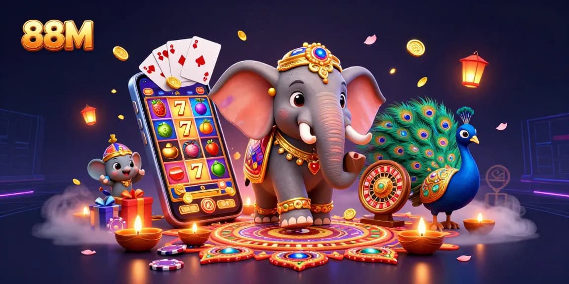 Experience the thrill of 88M with vibrant casino elements dancing around a Diwali-themed elephant