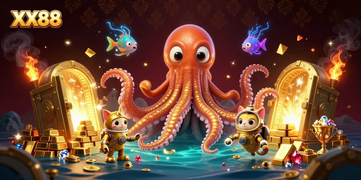 Win big at XX88 with an exciting 3D illustration of a kraken and diving cat amidst treasures.