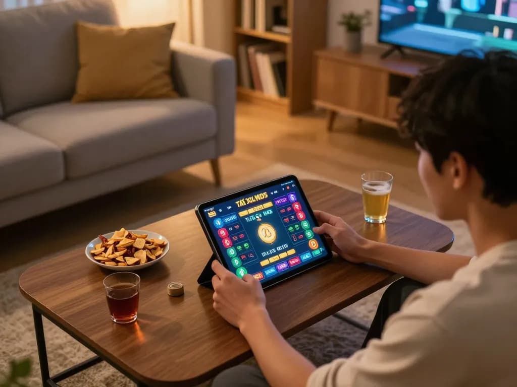 Player enjoying tai xiu md5 game on tablet in cozy home setting with snacks and warm lighting