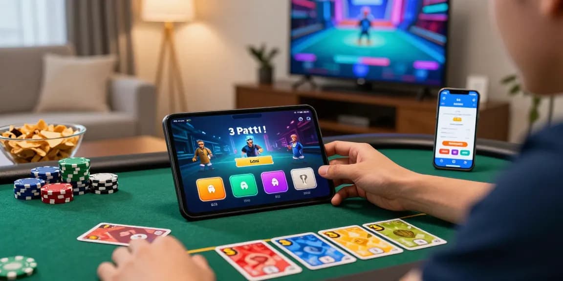 Visit page for 3 Patti Loot gaming excitement with colorful cards and chips in a cozy setting.