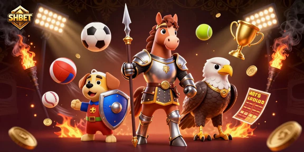 Experience the excitement of SHBET with an action-packed gambling scene featuring a medieval knight and dynamic sports elements.