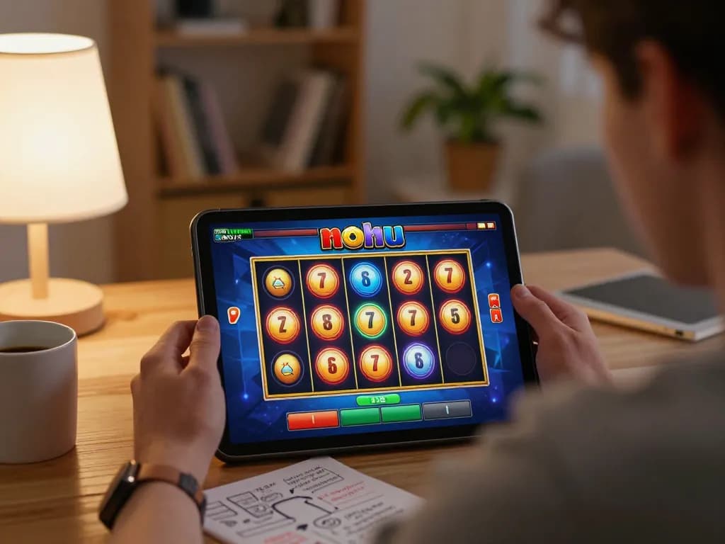 Nohu slot game in action, showcasing player engaged in online gaming session with colorful reels.