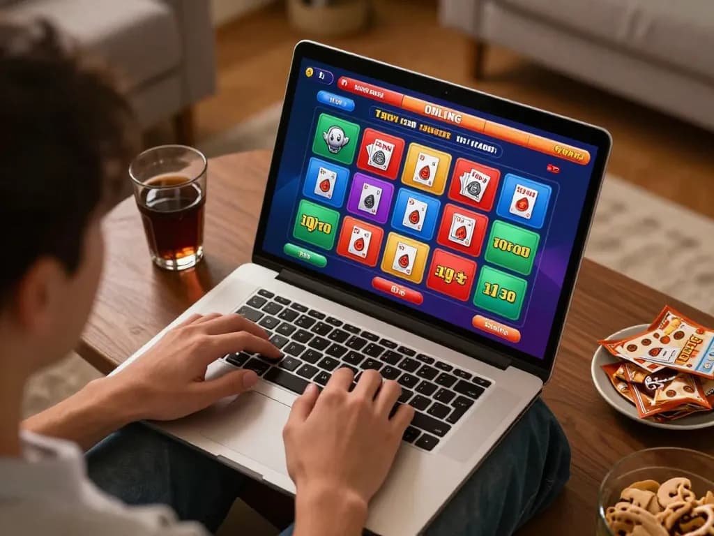 Engaging gaming moment with togel online displayed on laptop in a cozy home setting, highlighting strategic play.